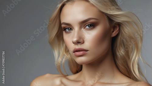Portrait of a blonde beautiful model with natural features and touching face, treatment skin care make up ad concept from Generative AI