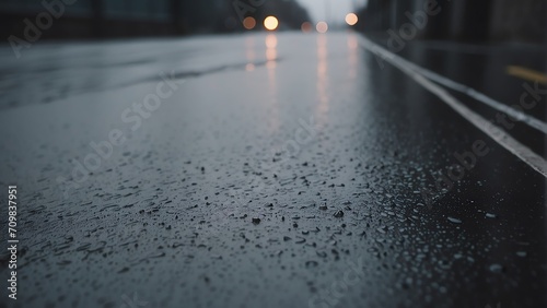 Close up of a concrete road pavement with rain drops from Generative AI