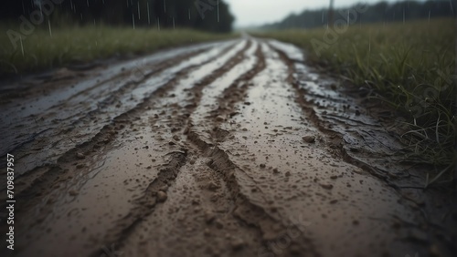 Close up of a muddy rough dirt road with rain drops from Generative AI photo
