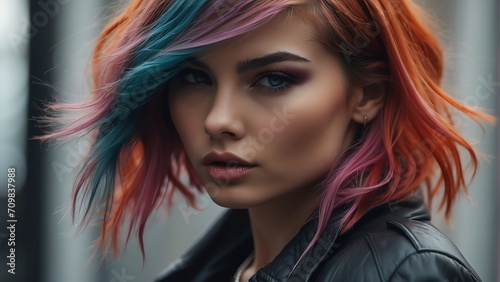Beautiful fashion model girl with colorful dyed hair for commercial ad concept from Generative AI