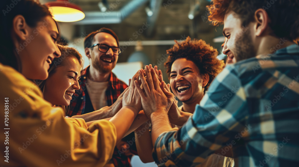 Colleagues are giving each other a high five in an office setting, with big smiles on their faces, indicating a celebration or success.