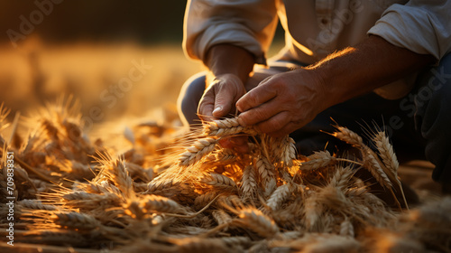Close up of senior farmers hands holding and examining grains of wheat. photo