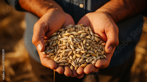 Close up of senior farmers hands holding and examining grains of wheat.