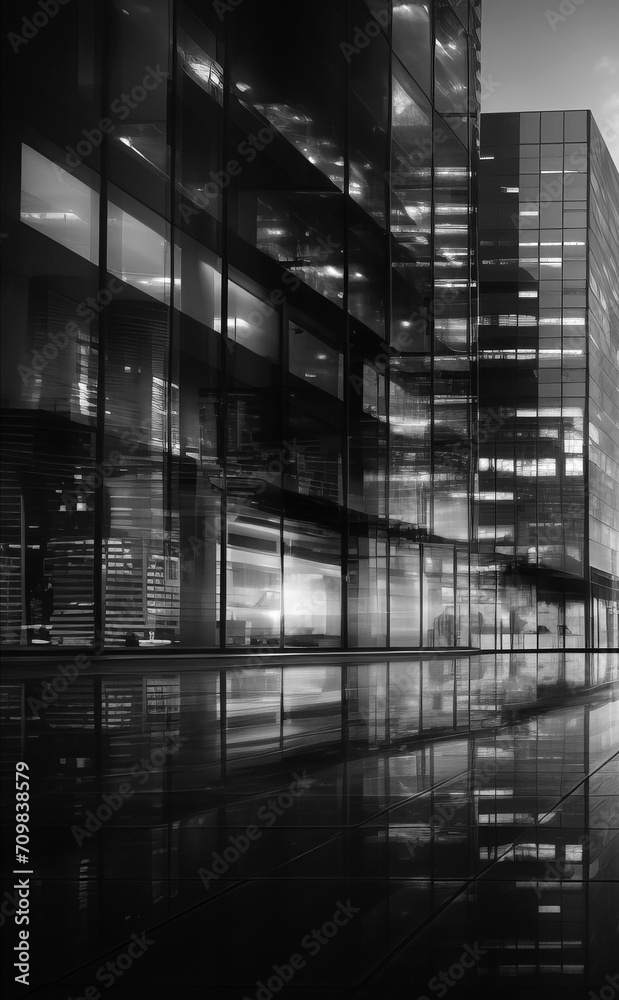 City buildings with many glass windows in sunset. Abstract business background with city arhitecture. Black and white
