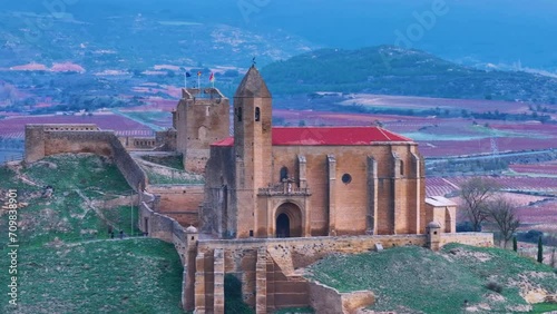 Church, castle and medieval bridge over the Ebro river in the walled area of San Vicente de la Sonsierra in La Rioja, Spain, Europe photo