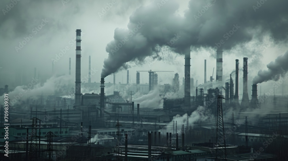 Big factory pollute air. Industrial plant smoke. Climate change global warming concept. Environmental issues problems. Toxic smog from plant. Dirty steam. Gray stinking city. Ecological catastrophe.