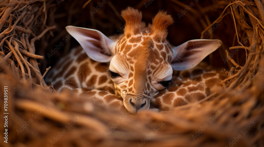 Fototapeta premium tiny Giraffe sleeping created with Generative Ai