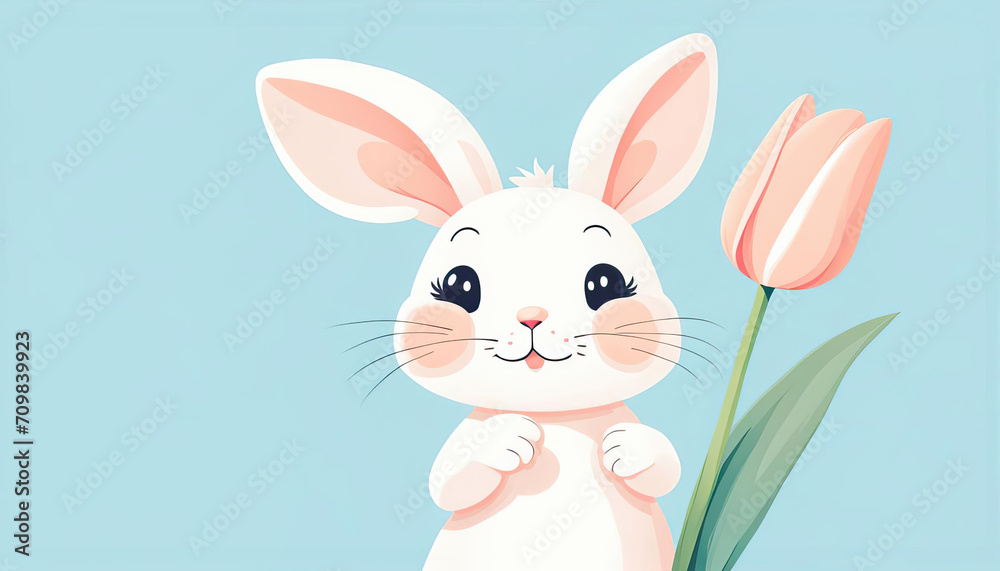 Cute easter bunny with tulip and copy space