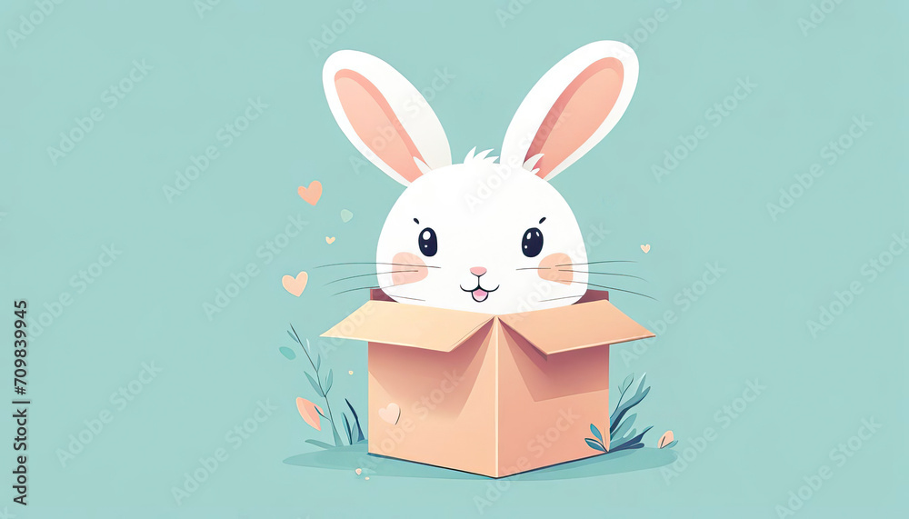 Fototapeta premium Cute easter bunny in a parcel delivery with copy space