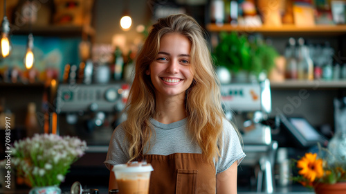 A barista girl smilingly looks at a customer behind the counter of her cafe. photo