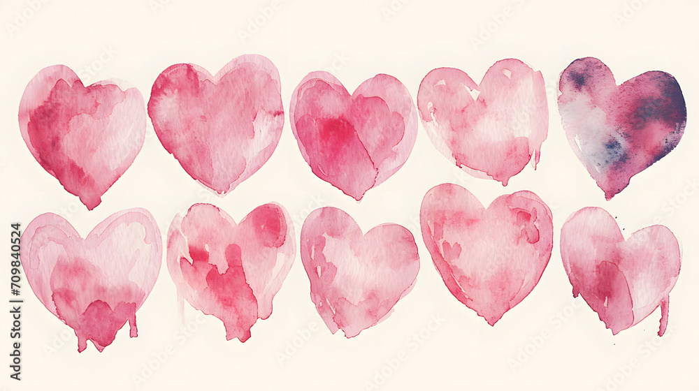 Valentine's day. Set of hand painted watercolor hearts  on white background