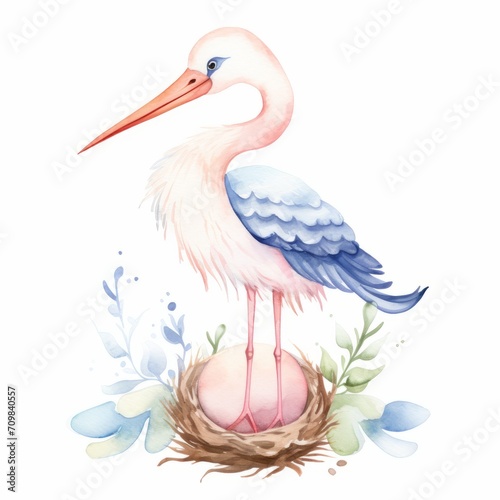 Aquarell eines Storchs steht in seinem Nest Illustration photo