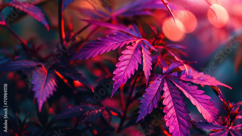 Neon pink marijuana leaves close up shiny leaves of flowering cannabis bushes photo