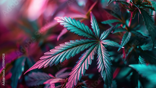 Neon marijuana leaves close up shiny leaves of flowering cannabis bushes