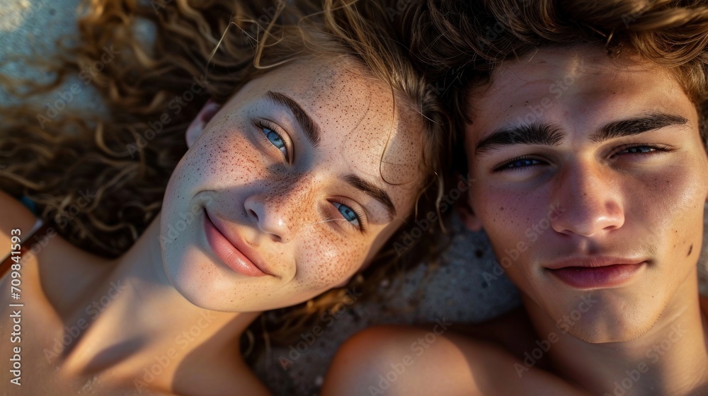Obraz premium selfie portrait of a young heterosexual couple, laying on the sandy beach together sunbathing,