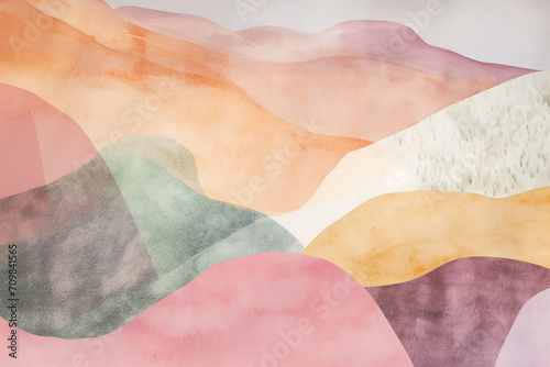 Ilustração abstrata ondas e dunas nas cores rosa, verde, bege, laranja e branco - arte em aquarela  photo
