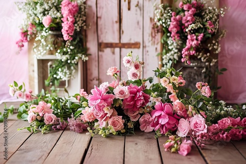 spring set up with colourful flowers pink , vintage wood parquet. © Francesco
