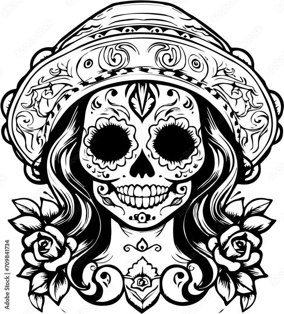 Femme Sugar skull style vector Portrait in Traditional Mexican Style