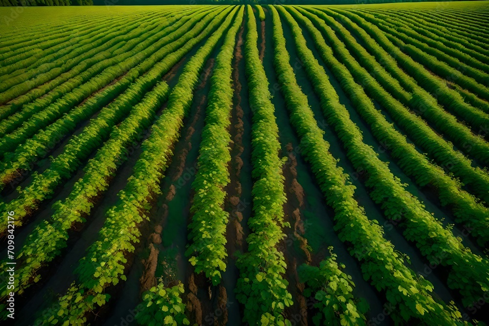 A panoramic view of a lush landscape, featuring colorful fields and meticulously aligned rows of currant bush seedlings. The vibrant hues and perfect lighting create