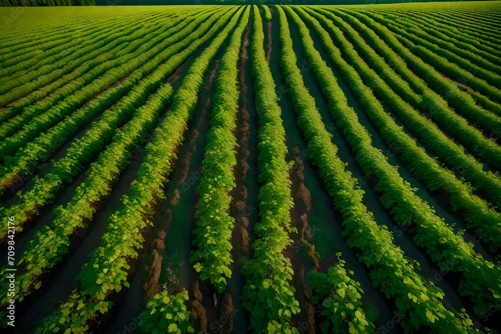 Fototapeta premium A panoramic view of a lush landscape, featuring colorful fields and meticulously aligned rows of currant bush seedlings. The vibrant hues and perfect lighting create