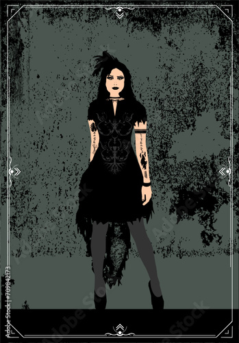 Vektor Silhouette mit Vintage Hintergrund  - Junge sexy Frau im Gothic Look mit dunkler Kleidung und High Heels