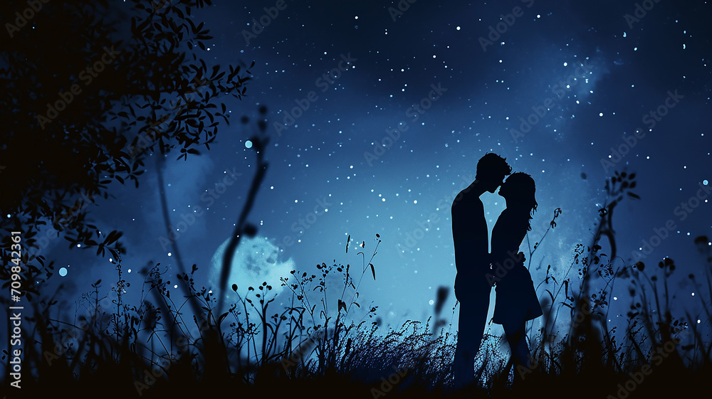 Couple Romance Night Blue light Big moon Valentines day background 