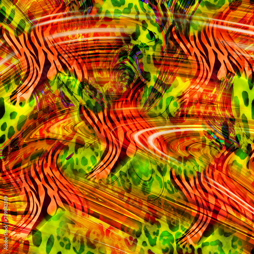 Combination textile collage pattern of wave and lines colored leopard snake tiger textures