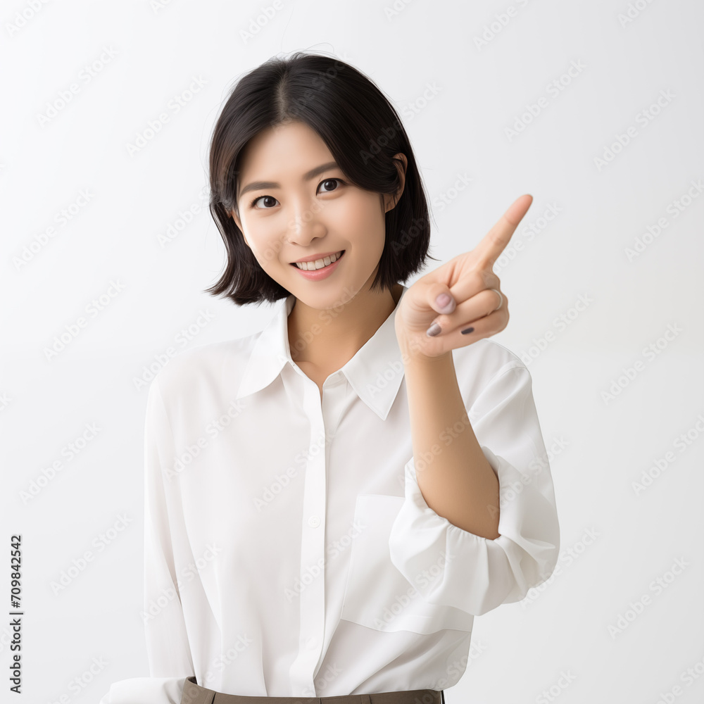 指を立ててサインを出す女性 指を立ててサインを出す女性
