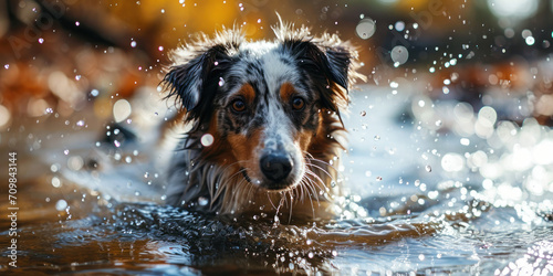 Wet aussie dog in a rainy weather outdoor 