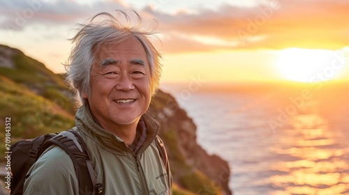 Active elderly Asian man with gray hair wearing sports wear for hiking and backpack is standing on the hill looking at the sunset over the ocean. He is happy and relaxed. © Marina