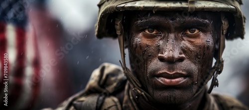 Army soldier in war closeup. Military dramatic face. War news banner