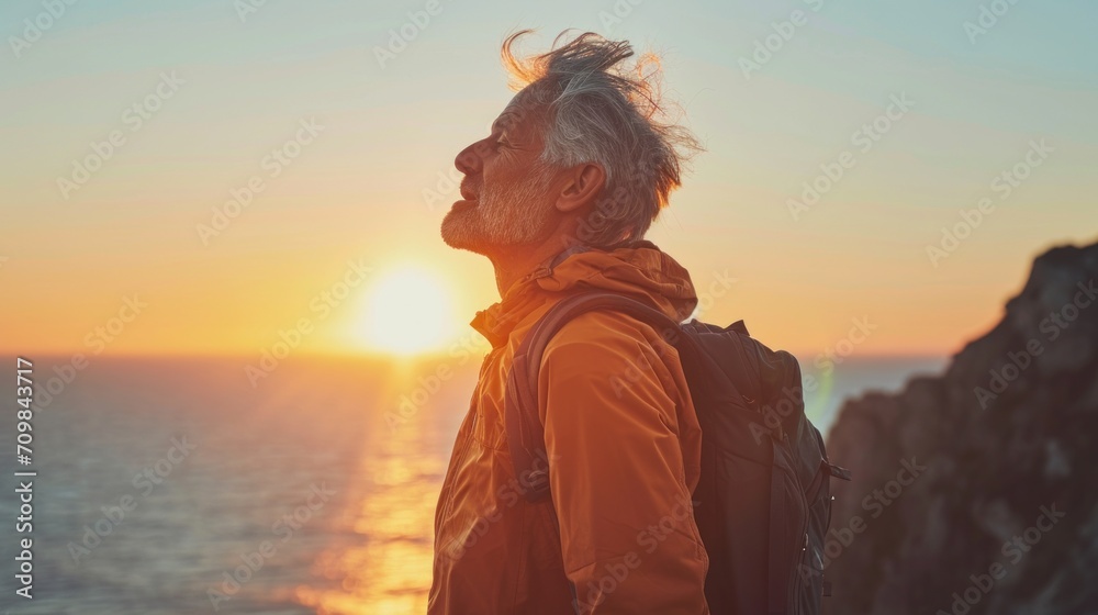 Active elderly man with gray hair wearing sports wear for hiking and backpack is standing on the hill looking at the sunset over the ocean. He is happy and relaxed. Active elderly man with gray hair wearing sports wear for hiking and backpack is standing on the hill looking at the sunset over the ocean. He is happy and relaxed.