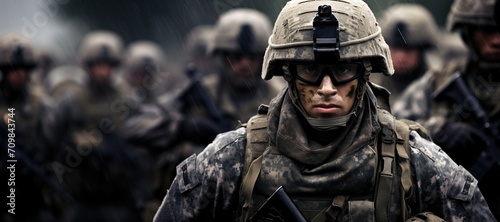Army soldier in war closeup. Military dramatic face. War news banner