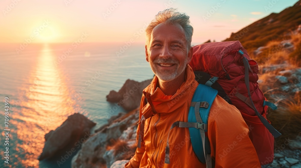 Active elderly man with gray hair wearing sports wear for hiking and backpack is standing on the hill looking at the sunset over the ocean. He is happy and relaxed. Active elderly man with gray hair wearing sports wear for hiking and backpack is standing on the hill looking at the sunset over the ocean. He is happy and relaxed.