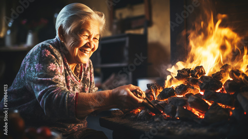 Grandmother tries to light a fireplace in the house