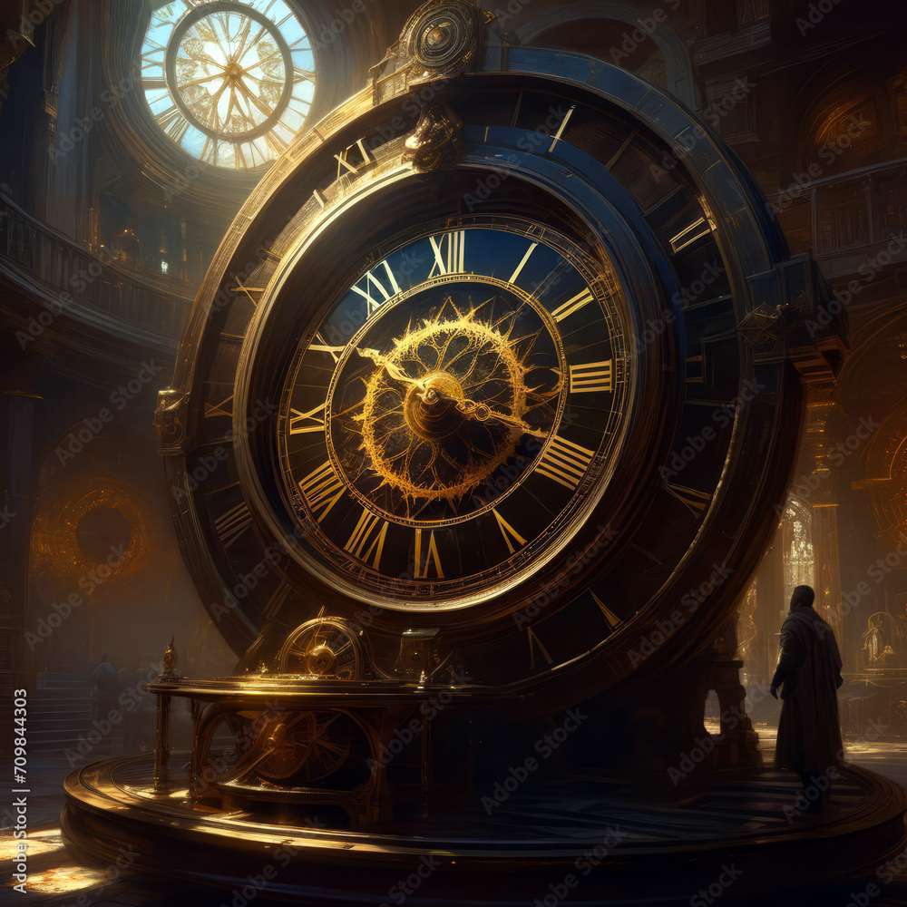Obraz premium Clock of Destiny spinning the wheels of time searching for a time break point before it is all alone