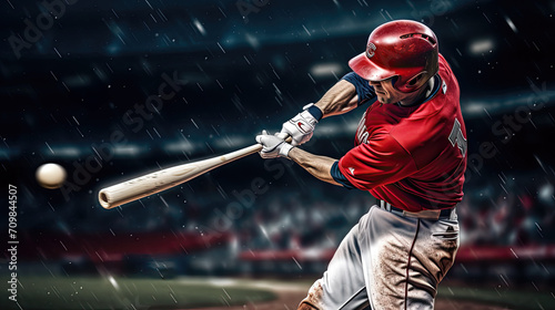 Baseball player hitting ball with wooden bat during rainy match. Postproducted generative AI illustration.