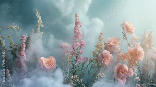 Foggy background, flower background, dreamy atmosphere, dream-like scenery. Generative AI
