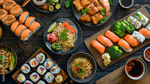 Delightful Assortment of Japanese Cuisine with Sushi, Sashimi, and Noodles on a Dark Wooden Table