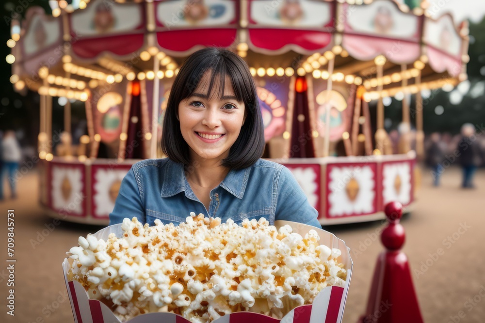 woman at a fairground, popcorn, excited woman at a fairground, popcorn, excited