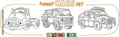 Retro pickup trucks. Cars coloring book set