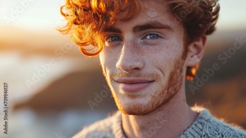 Close-up portrait of a handsome young man with a dreamy, smiling face, freckles, curly red hair, and blue eyes. photo