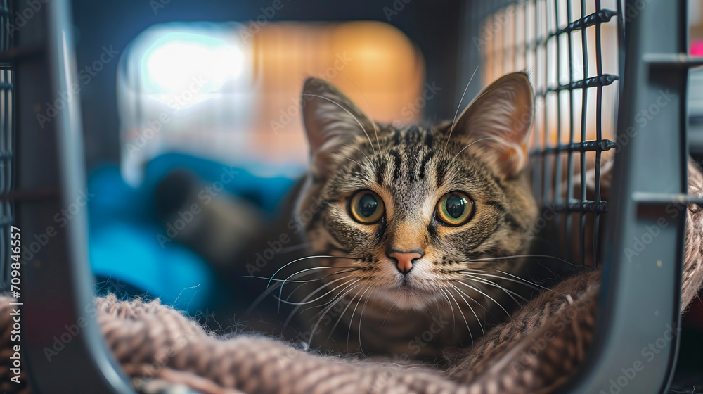 Worried cat in a carrier. Going to the vet. Worried cat in a carrier. Going to the vet.