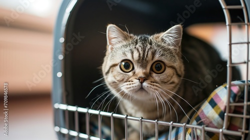 Worried cat in a carrier. Going to the vet.