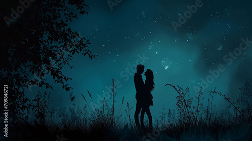 Couple Romance Night Blue light Big moon Valentines day background 