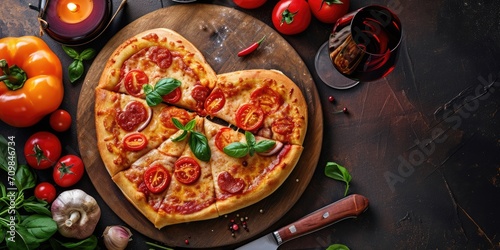 Fotótapéta Heart shaped pizza for Valentines day on dark rustic wooden background pragma
