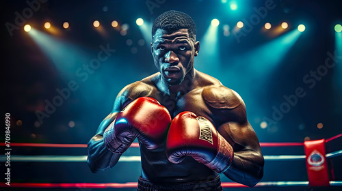 African american boxer awaiting his fight in ring. Postproducted generative AI illustration. © LeArchitecto