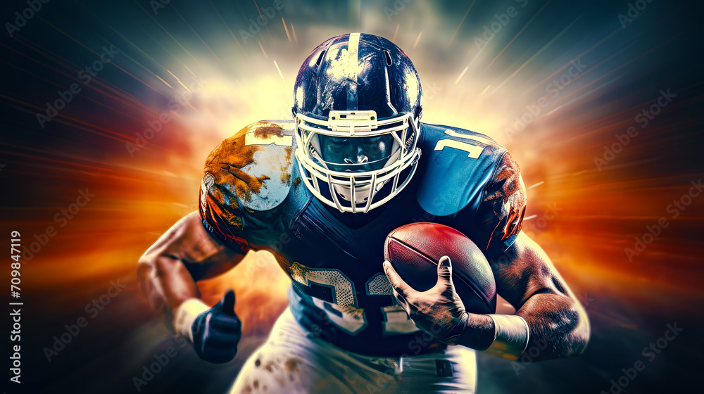 American football player holding ball and runs forward to score a point. Postproducted generative AI illustration.