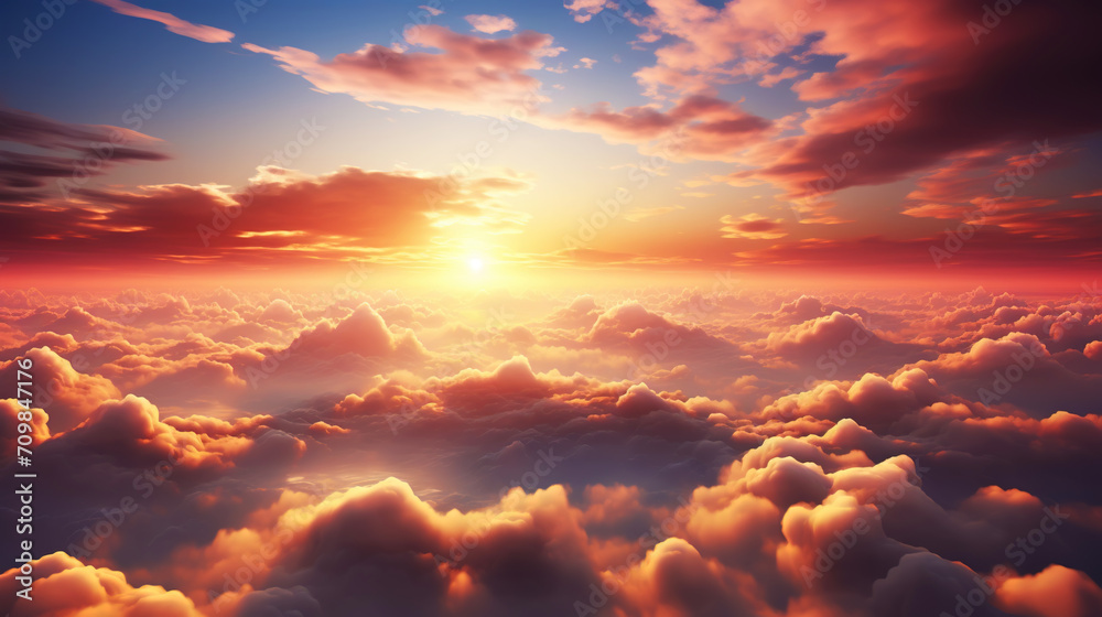 A realistic bird's eye view of the sky with clouds. Beautiful sun rays. Generative AI