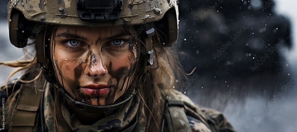 Dramatic Portrait of a Female Soldier in War closeup. Military dramatic face. War news banner
